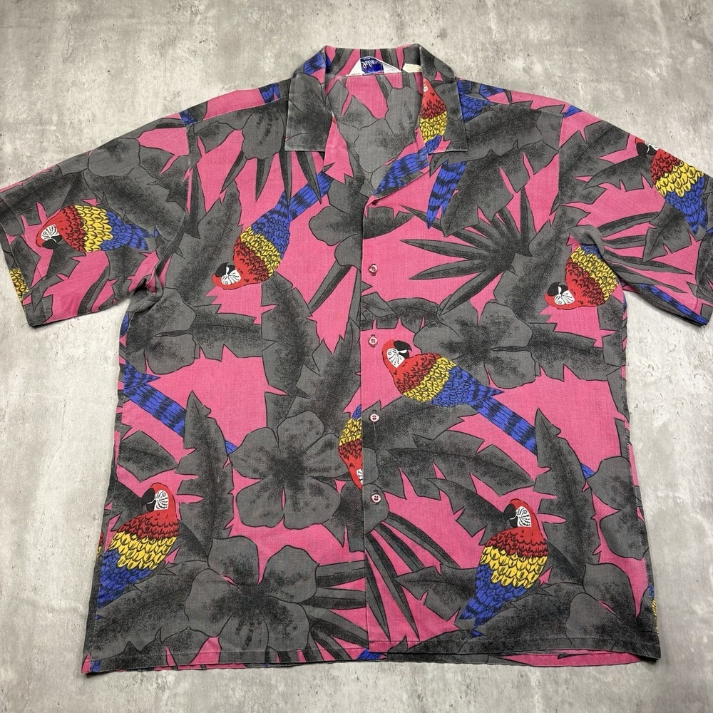 Vintage Islander Aloha Hawaiian Shirt Mens L Floral Parrots Pink Rayon 80s 90s